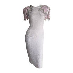 Stunning Vintage White + Pink + Silver Beaded Sequin Illusion Dress w/ Open Back