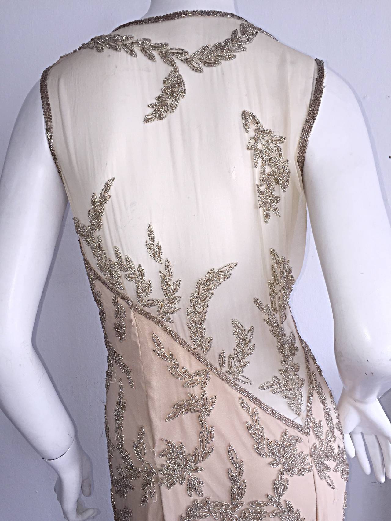 Brown Stunning Vintage Silk Chiffon ' Nude Illusion ' Heavily Beaded Custom Dress