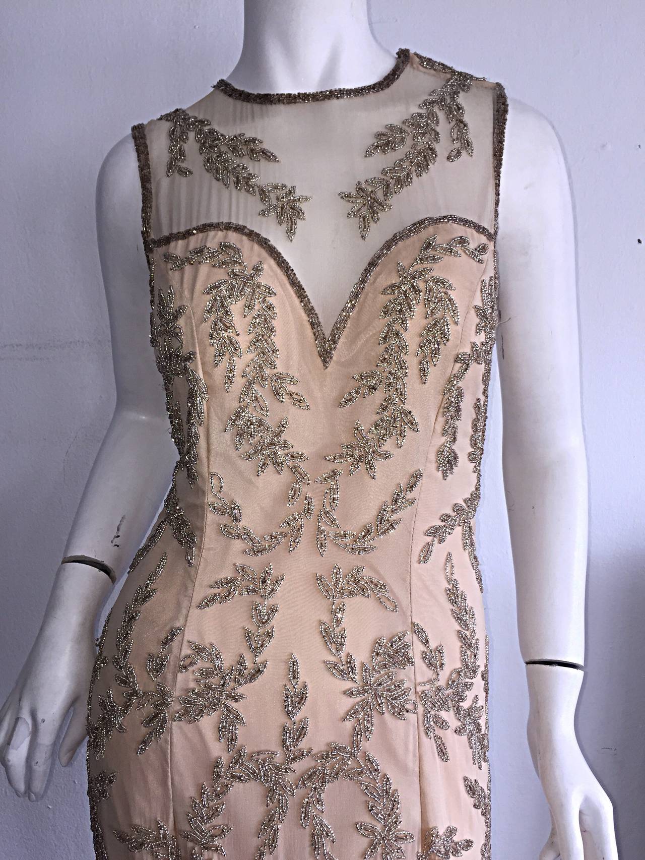Stunning Vintage Silk Chiffon ' Nude Illusion ' Heavily Beaded Custom Dress In Excellent Condition In San Diego, CA