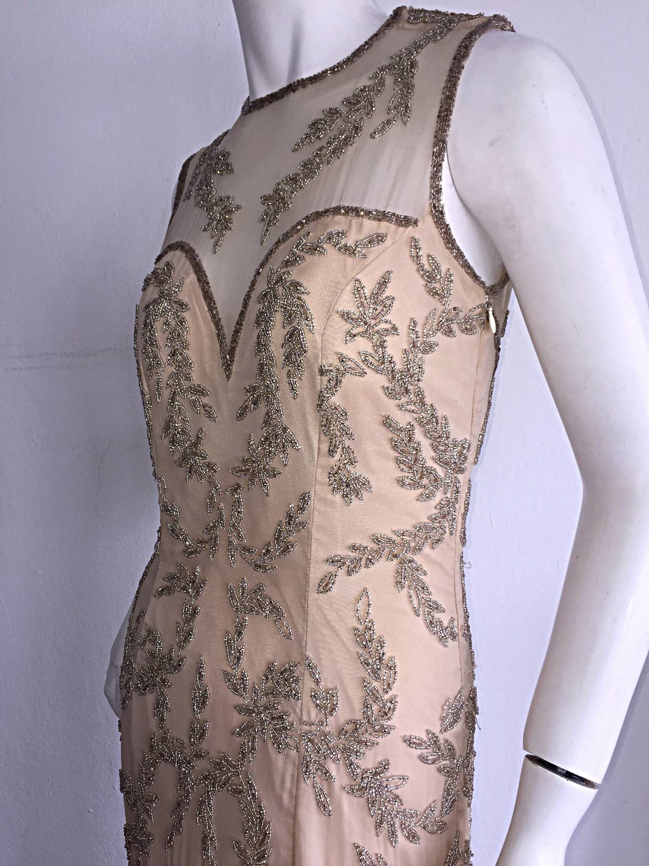 Women's Stunning Vintage Silk Chiffon ' Nude Illusion ' Heavily Beaded Custom Dress