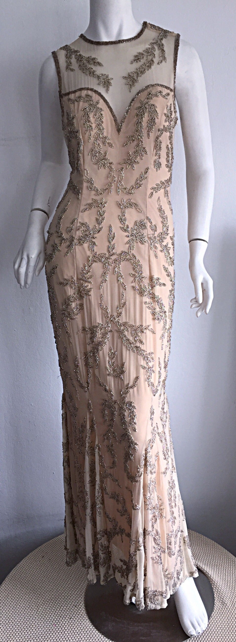 Stunning Vintage Silk Chiffon ' Nude Illusion ' Heavily Beaded Custom Dress 1