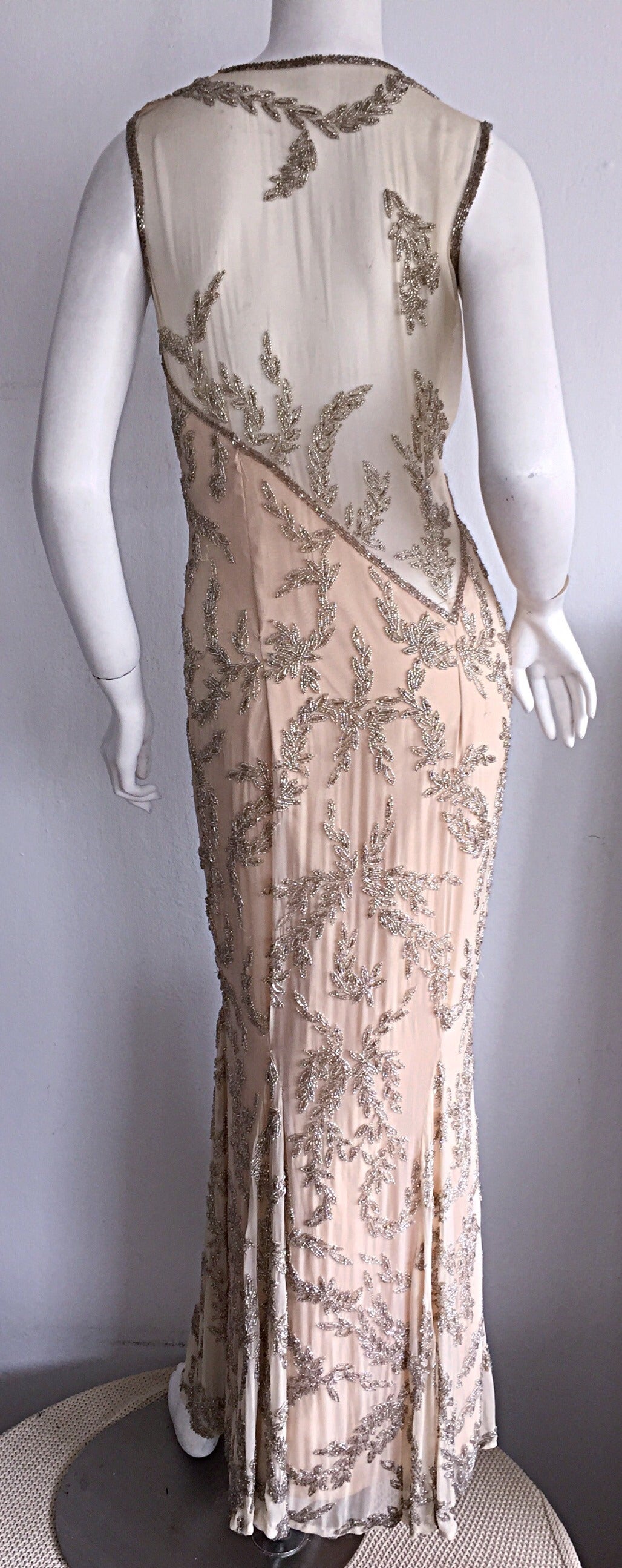 Stunning Vintage Silk Chiffon ' Nude Illusion ' Heavily Beaded Custom Dress 3
