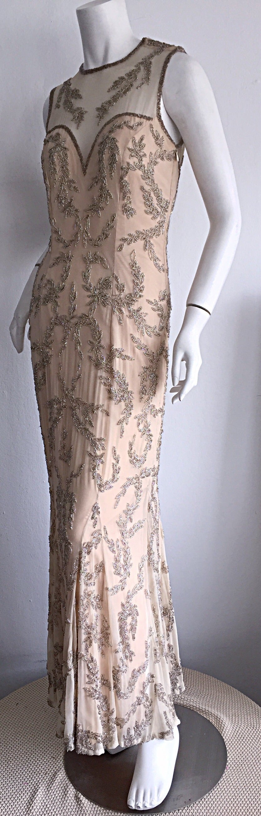 Stunning Vintage Silk Chiffon ' Nude Illusion ' Heavily Beaded Custom Dress 4