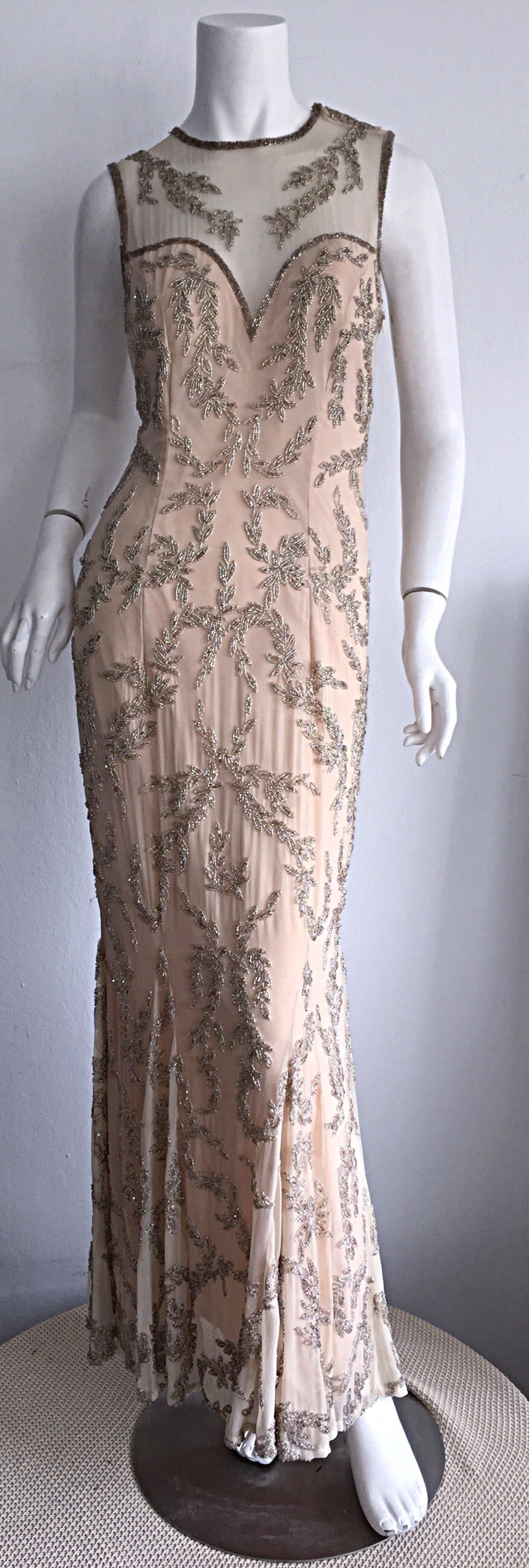 Stunning Vintage Silk Chiffon ' Nude Illusion ' Heavily Beaded Custom Dress 5