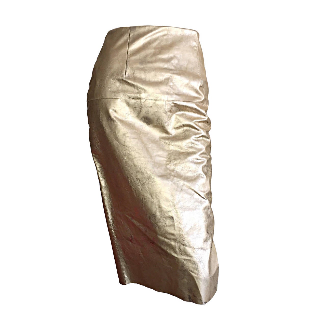 James Purcell Vintage New Gold Leather Distressed High Waisted Pencil Skirt For Sale