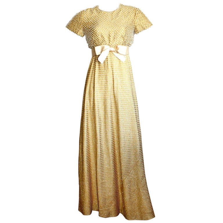 Geoffrey Beene Vintage Gold Metallic Pearl Belted Gown