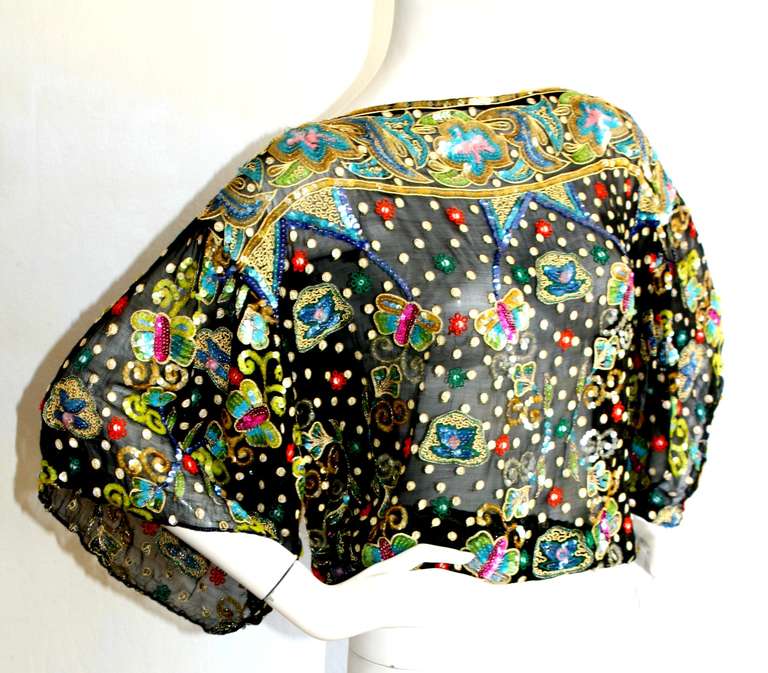 Women's Geoffrey Beene 1970s Vintage Butterfly Sequin Drawstring Boho Silk Blouse