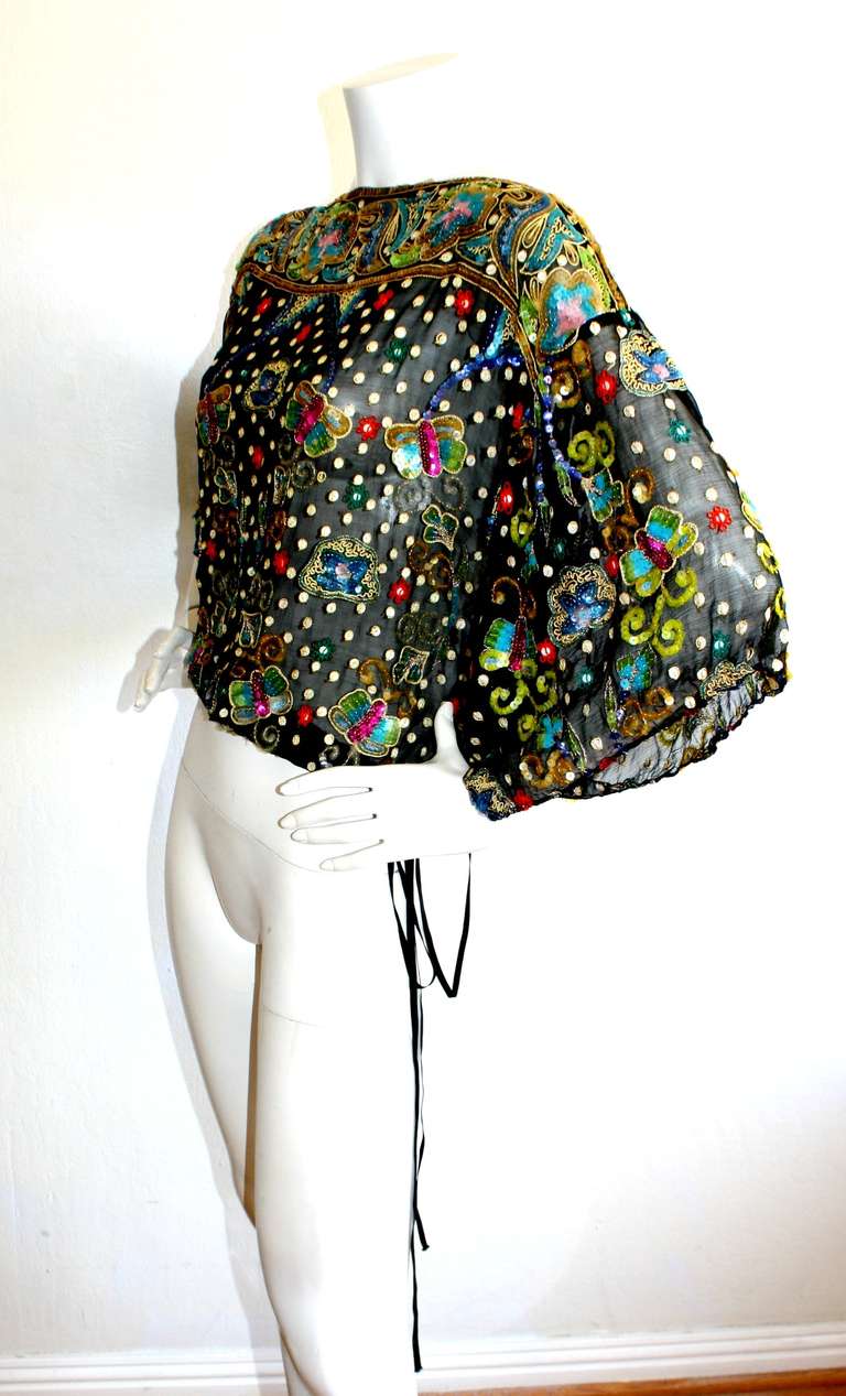 Geoffrey Beene 1970s Vintage Butterfly Sequin Drawstring Boho Silk Blouse 1