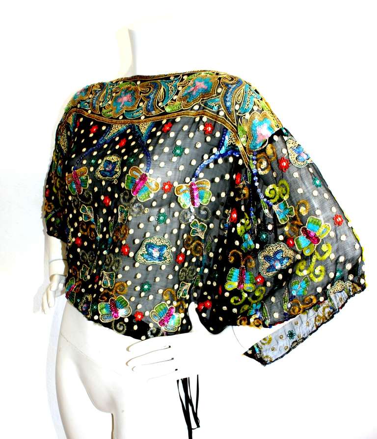 Geoffrey Beene 1970s Vintage Butterfly Sequin Drawstring Boho Silk Blouse 3