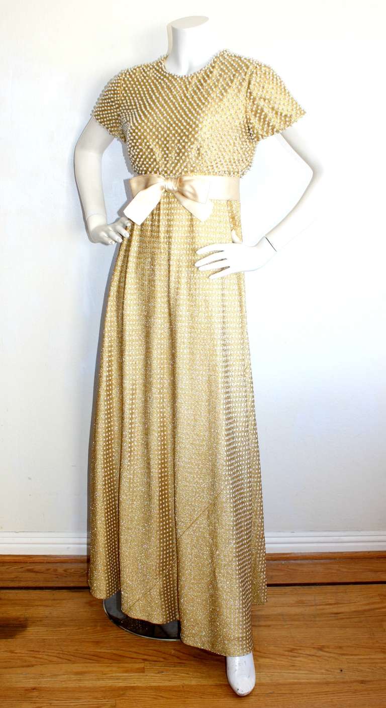 Geoffrey Beene Vintage Gold Metallic Pearl Belted Gown In Excellent Condition In San Diego, CA