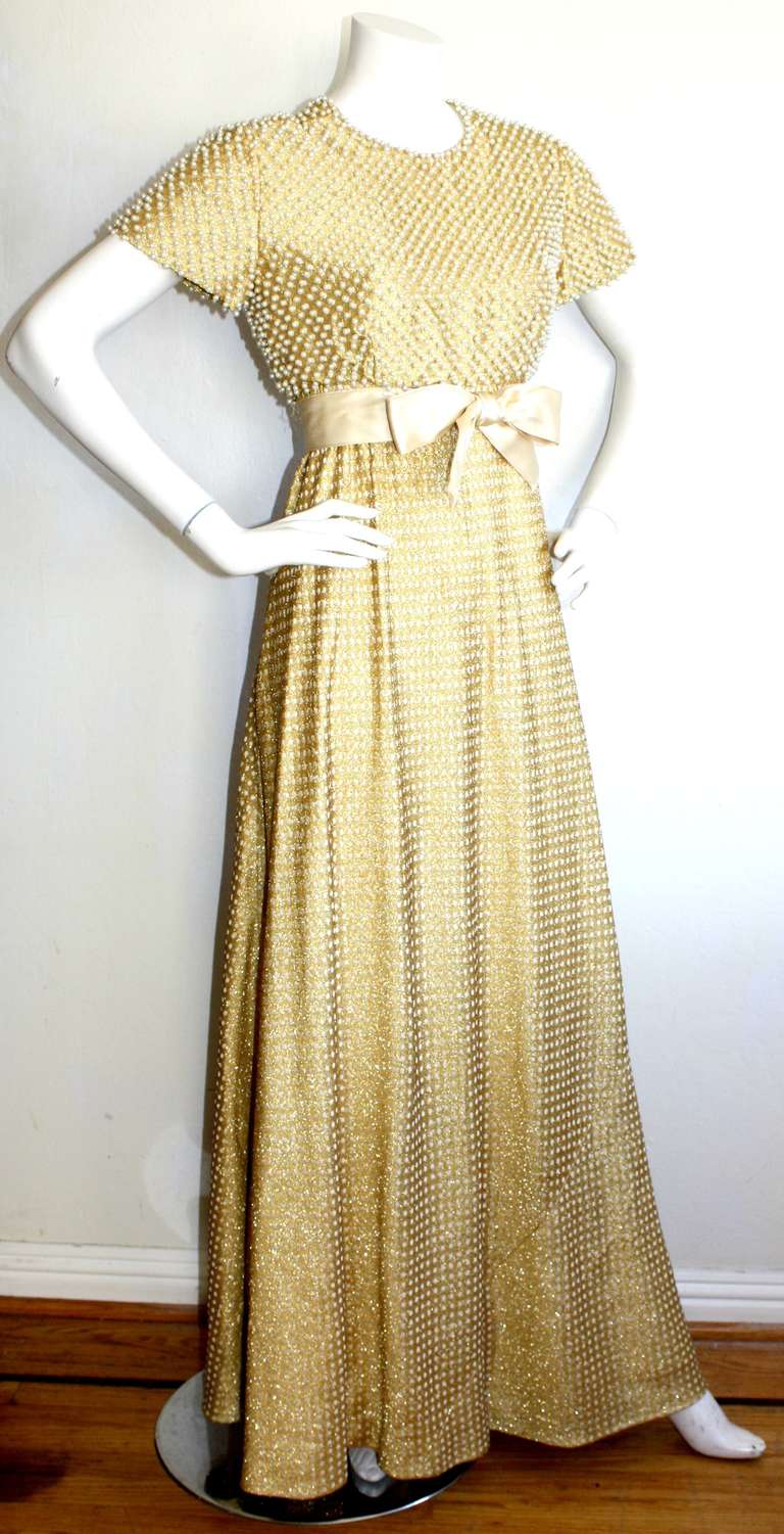 Geoffrey Beene Vintage Gold Metallic Pearl Belted Gown 1