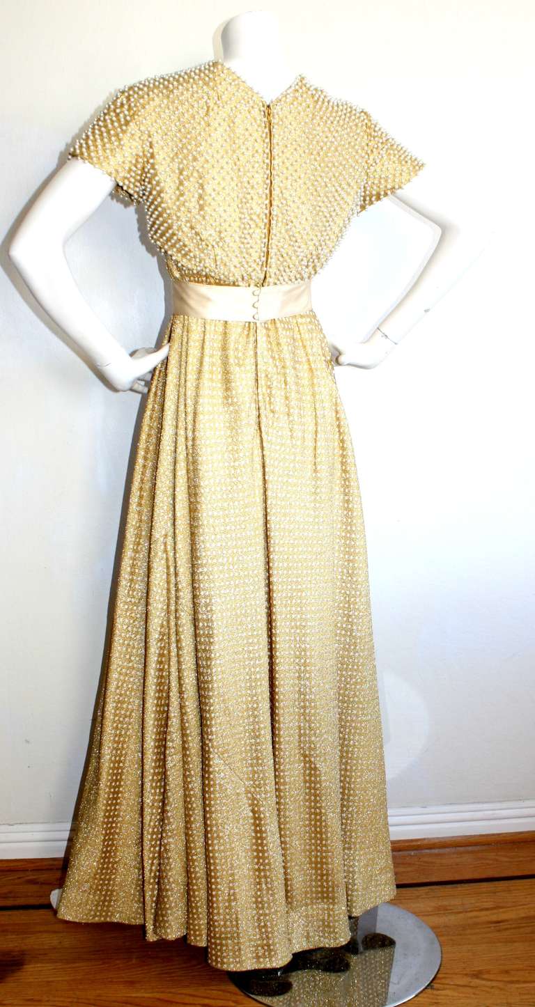 Geoffrey Beene Vintage Gold Metallic Pearl Belted Gown 2