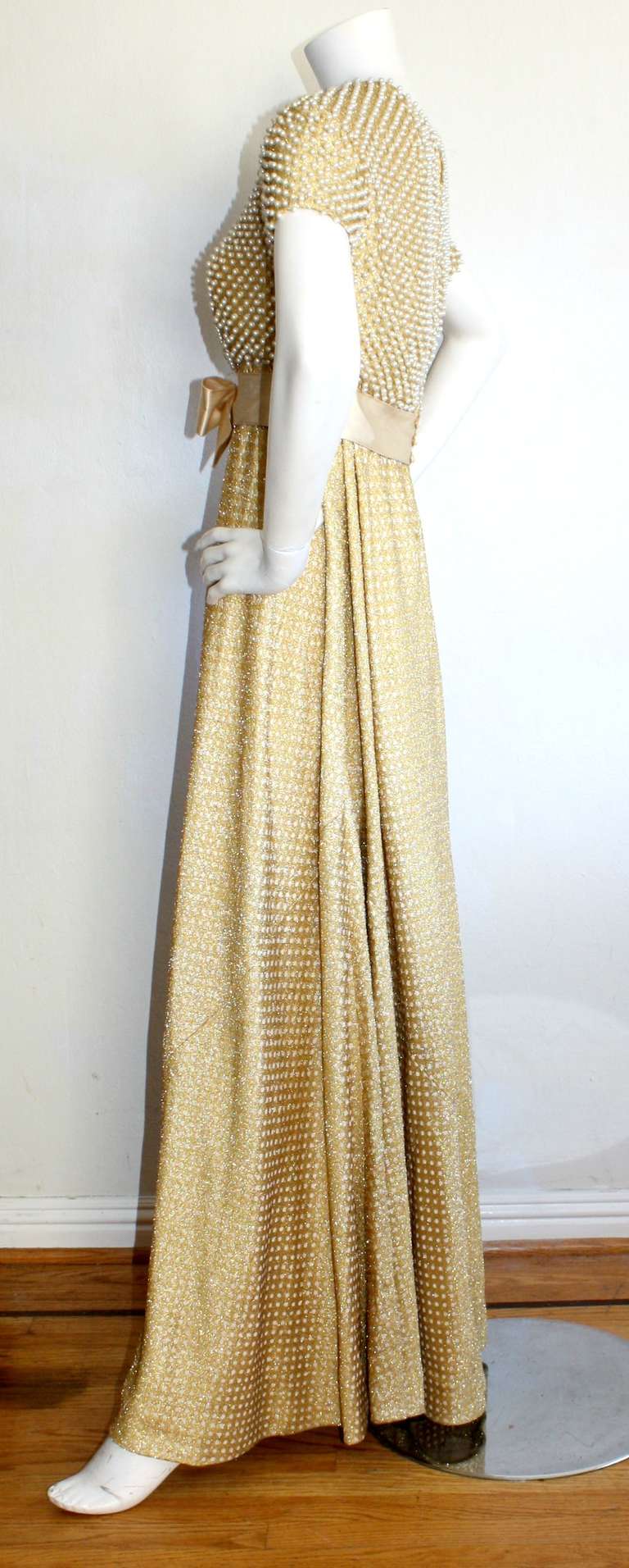 Geoffrey Beene Vintage Gold Metallic Pearl Belted Gown 3