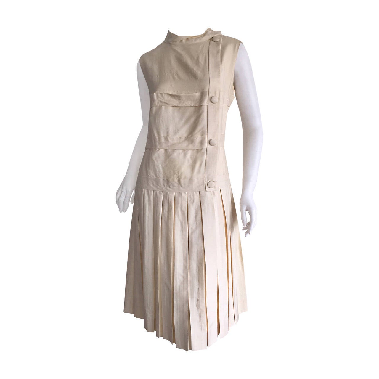 1960s Vintage Elsa Schiaparelli Mod Silk Ivory Pleated 60s Button Dress