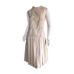 1960s Retro Elsa Schiaparelli Mod Silk Ivory Pleated 60s Button Dress
