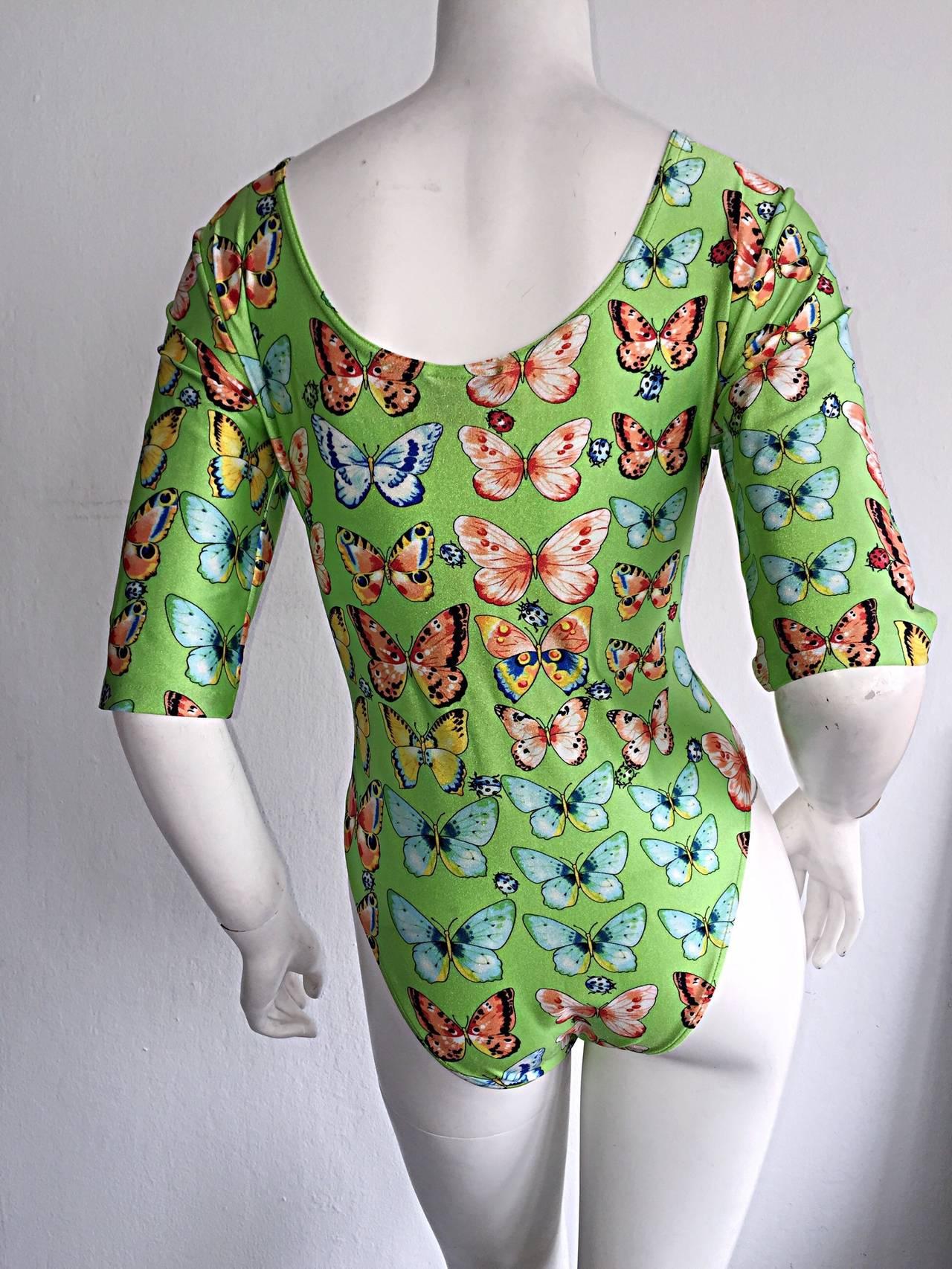 Green Rare Vintage Kamosho by Marina Sitbon Butterfly + Ladybug Bodysuit Playsuit