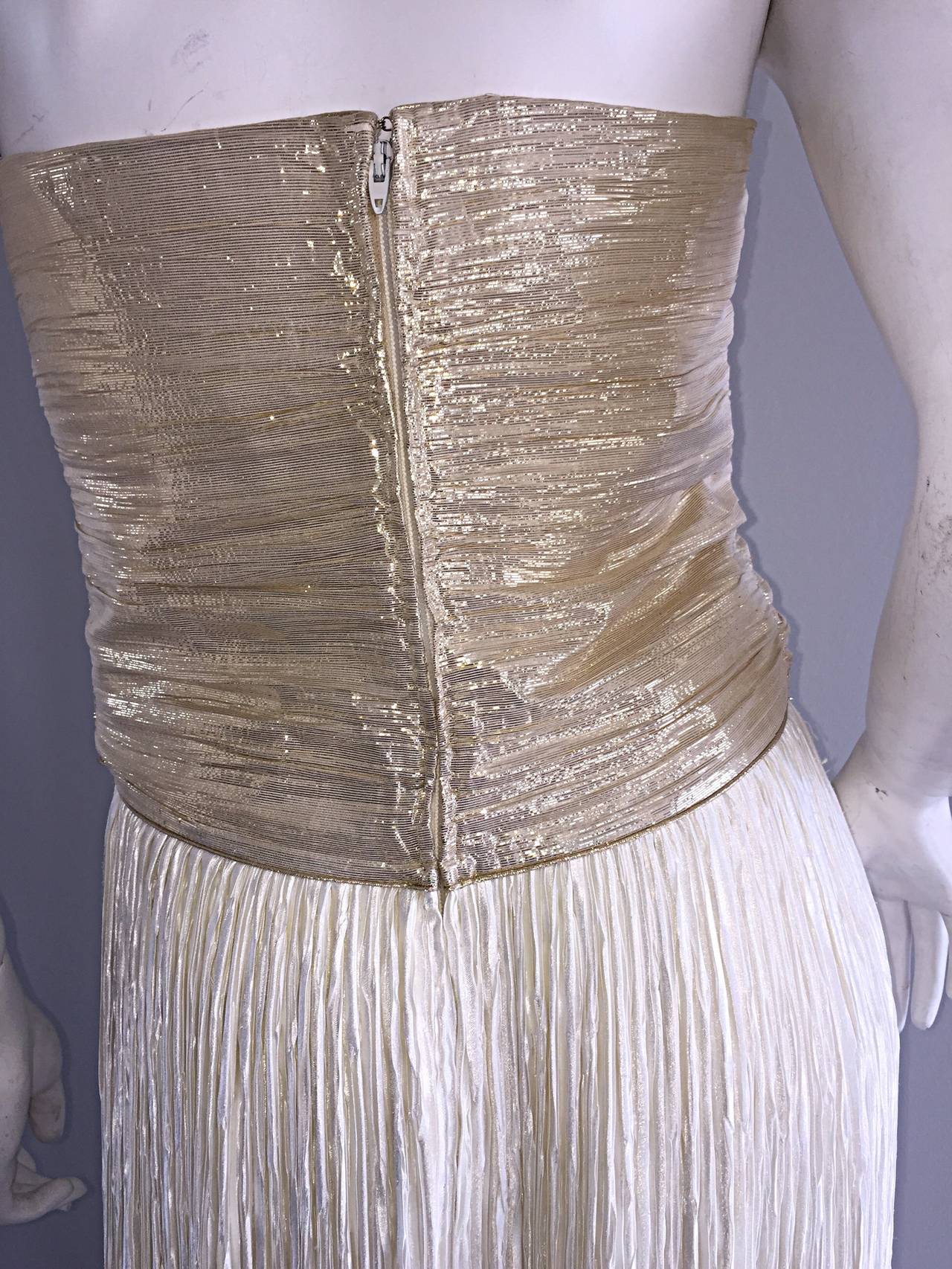 Stunning Vintage Mary McFadden Couture Gold + Ivory Fortuny Grecian Gown In Excellent Condition In San Diego, CA