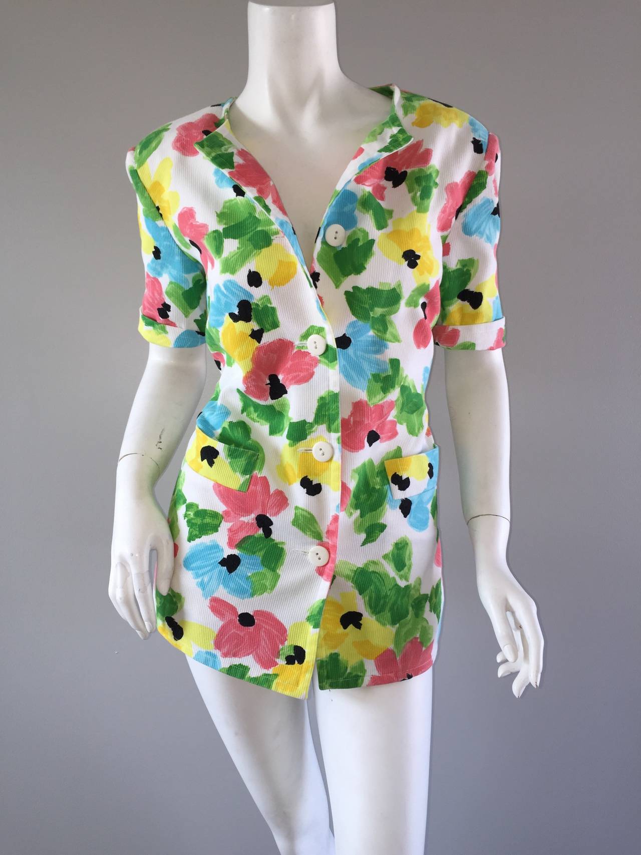 Beige Vintage Courreges Floral Watercolor Short Sleeve Cotton Jacket For Sale