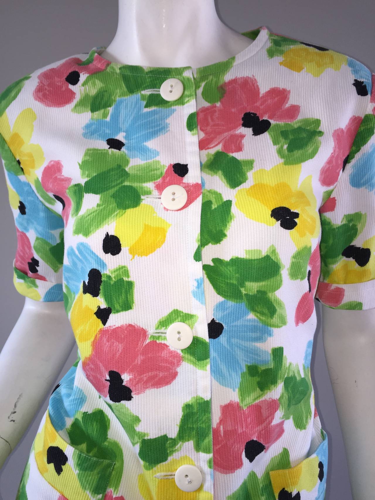 Vintage Courreges Floral Watercolor Short Sleeve Cotton Jacket In Excellent Condition For Sale In San Diego, CA