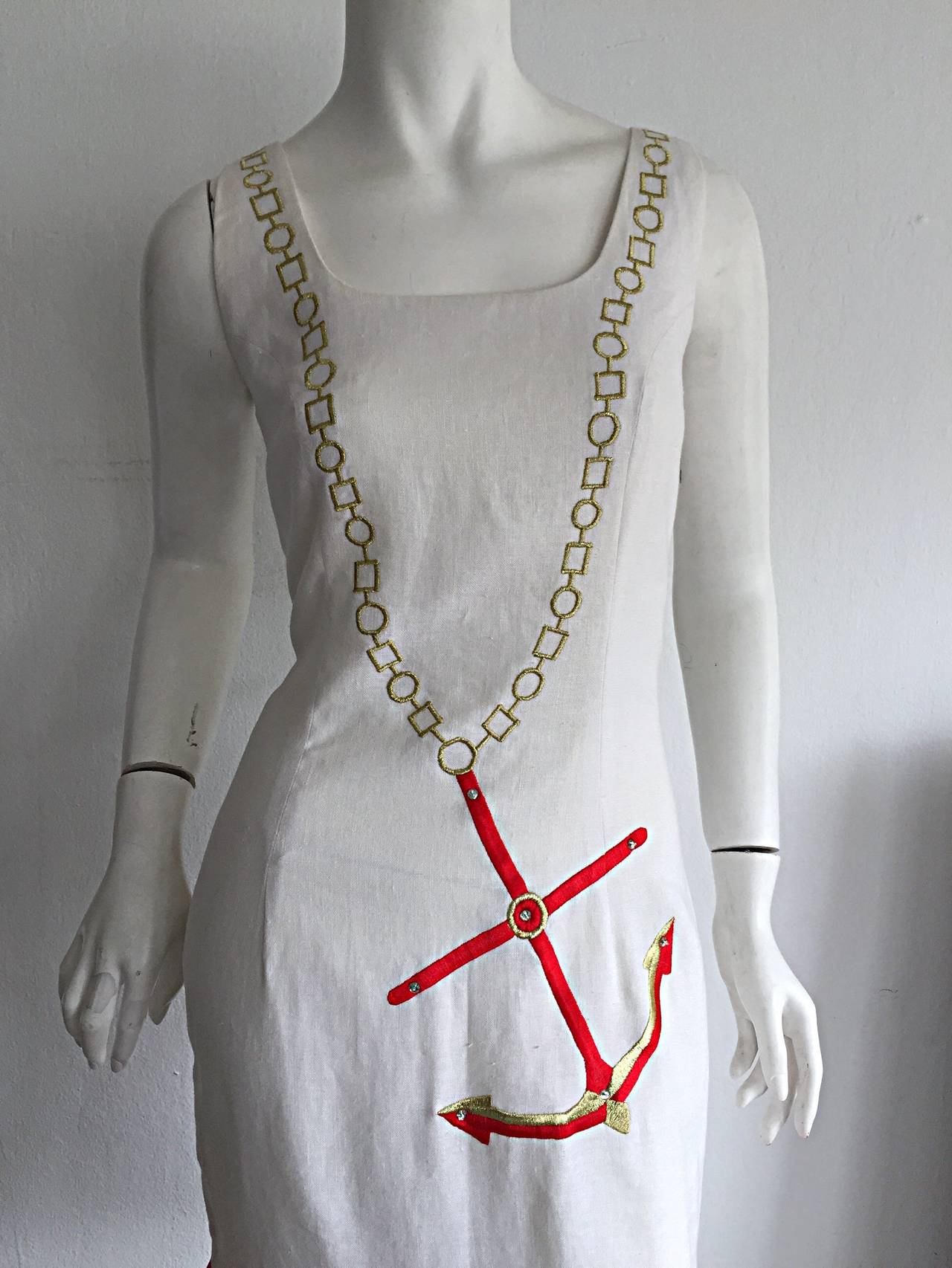 Vintage Nautische Anker Neuheit Kette Halskette Druck Leinen Kleid (Grau) im Angebot