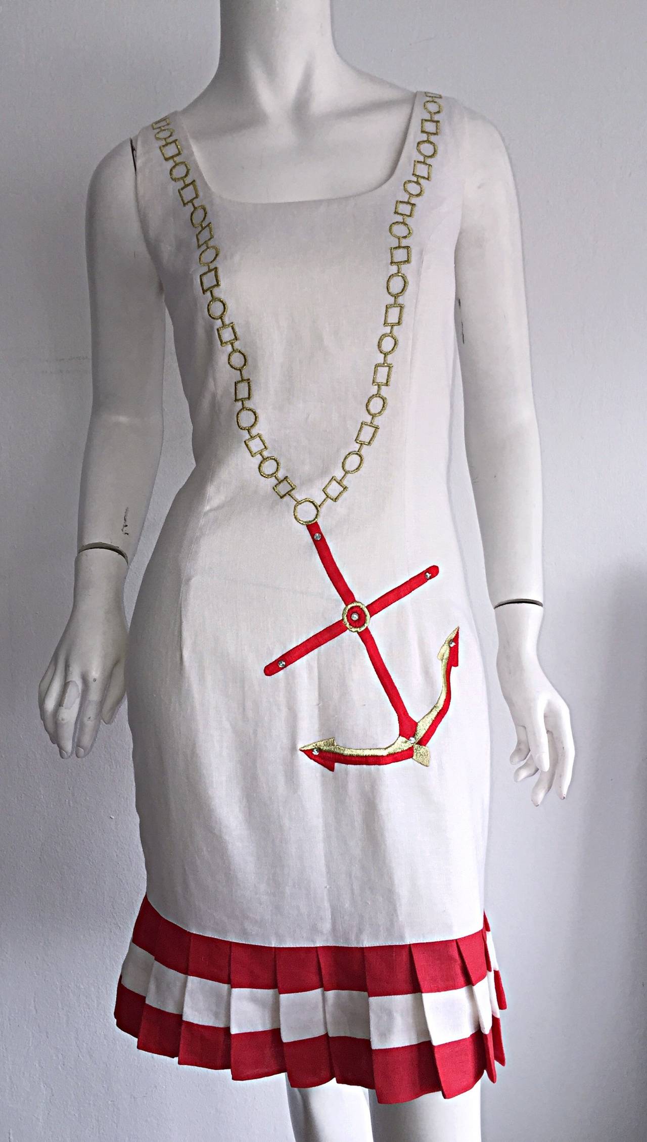 Women's Amazing Vintage Nautical Anchor Novelty Chain Necklace Print Linen Dress For Sale