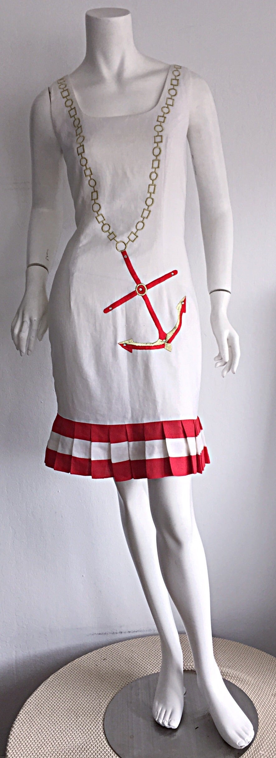Amazing Vintage Nautical Anchor Novelty Chain Necklace Print Linen Dress For Sale 1