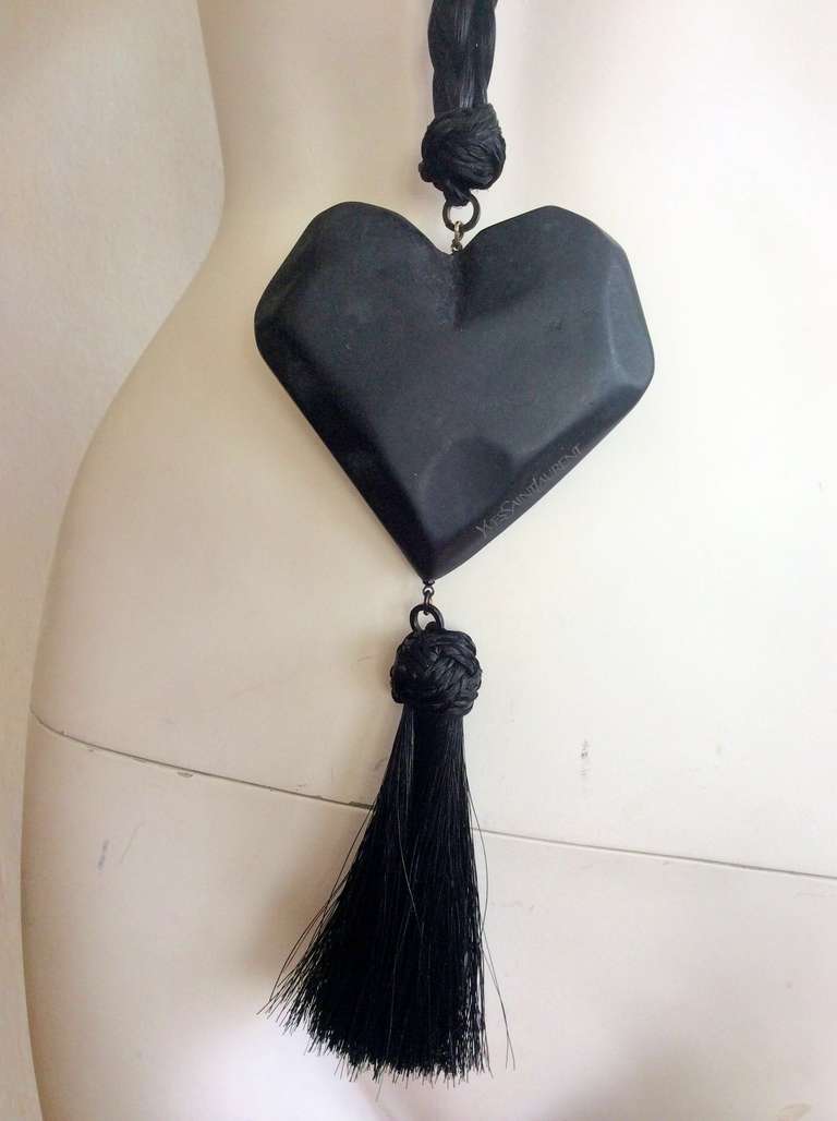 Yves Saint Laurent YSL Vintage Necklace Wood Heart w/ Horsehair 2