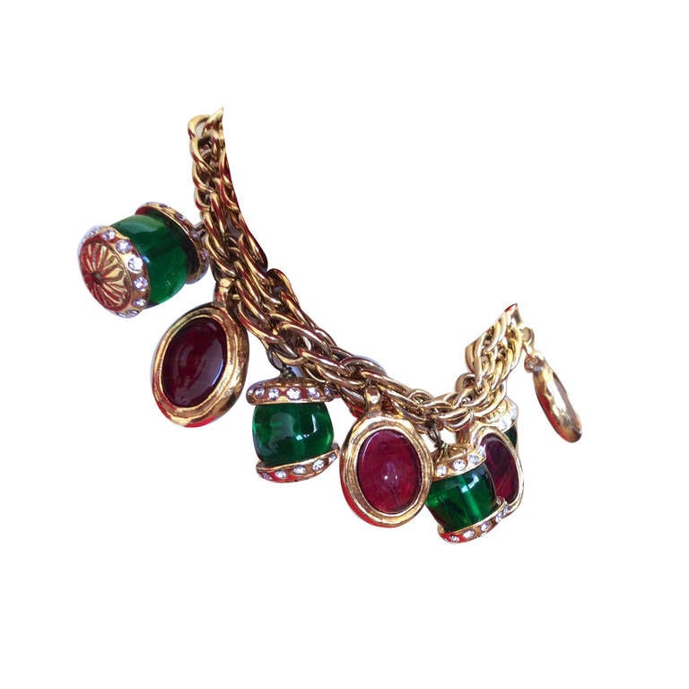 Rare Vintage Chanel Gripoix Christmas Charm Bracelet Red & Green