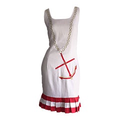 Amazing Vintage Nautical Anchor Novelty Chain Necklace Print Linen Dress