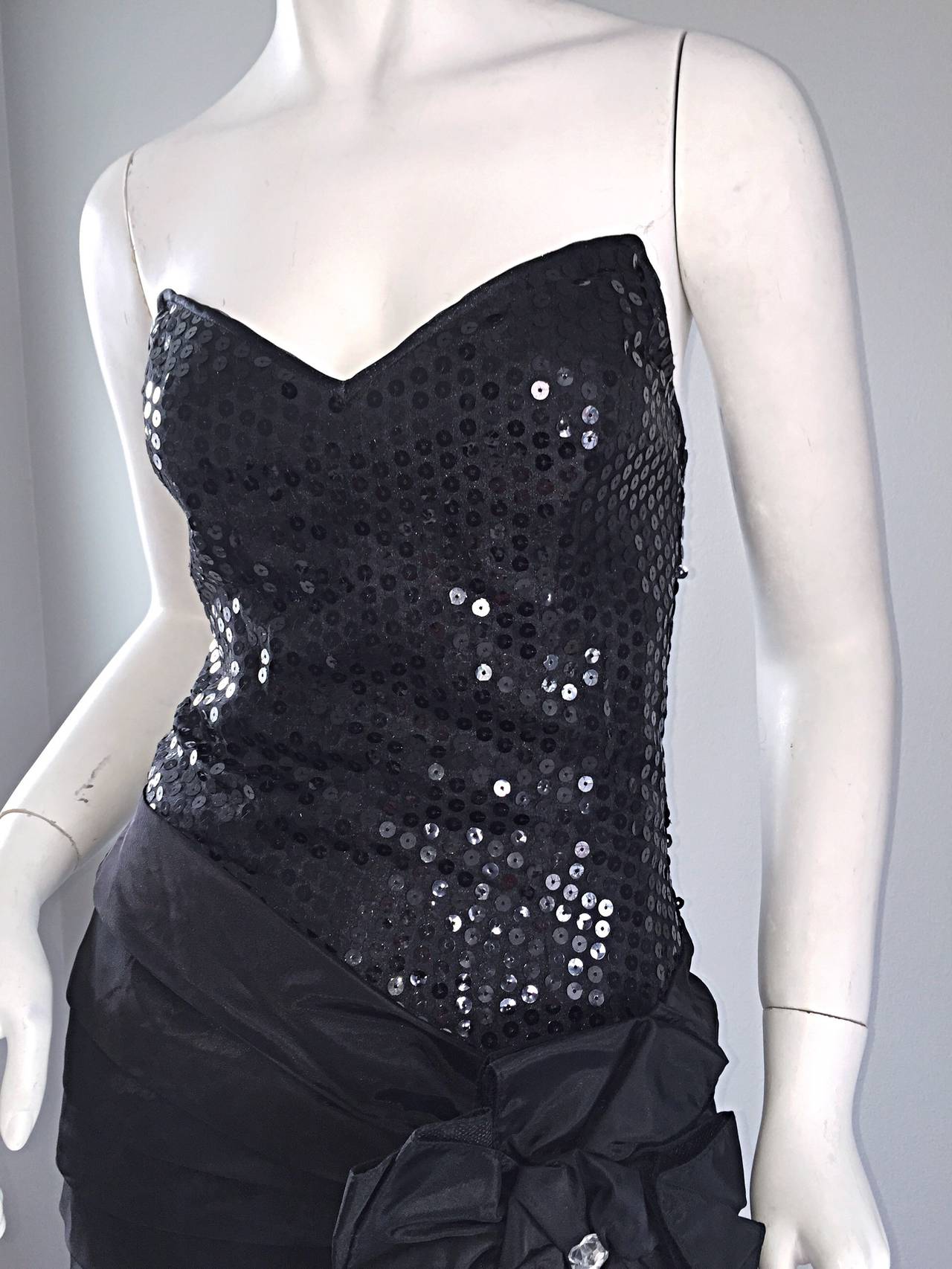 Spectacular Vintage Lillie Rubin Black Sequin High - Low Mermaid Strapless Dress In Excellent Condition In San Diego, CA