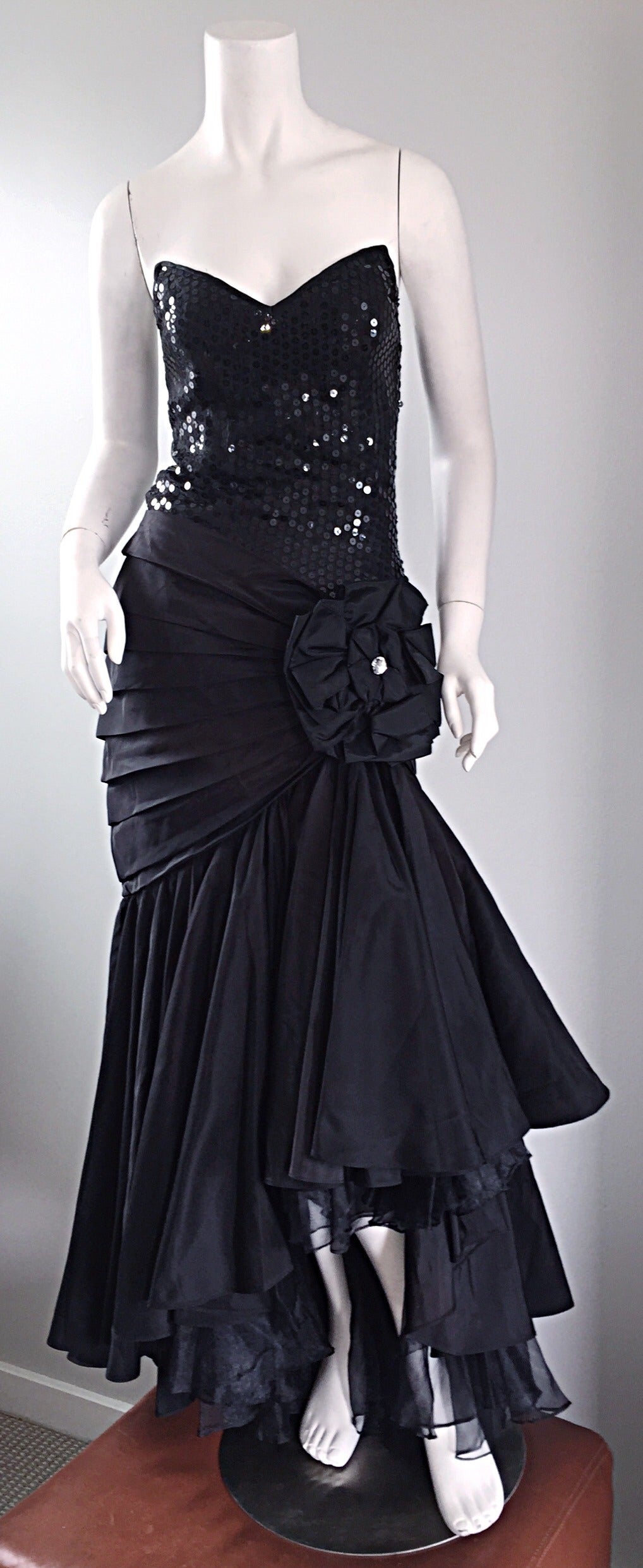 Women's Spectacular Vintage Lillie Rubin Black Sequin High - Low Mermaid Strapless Dress
