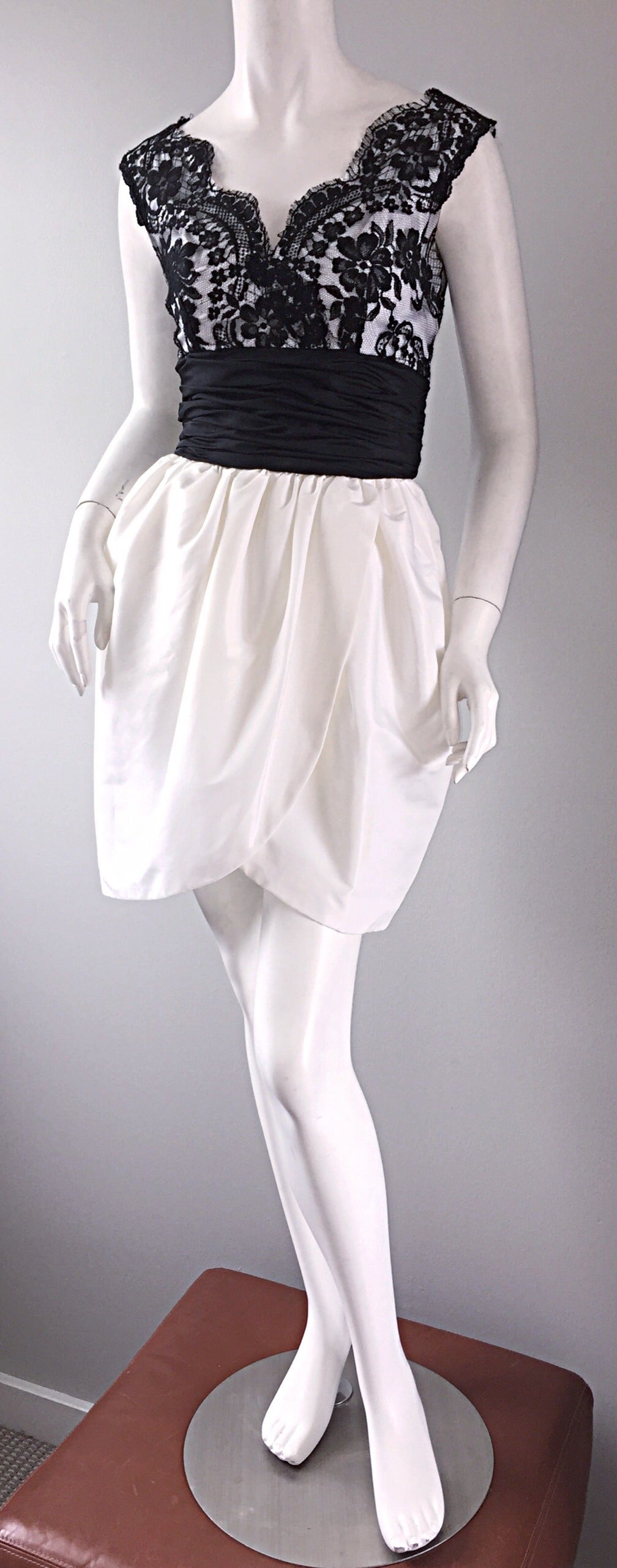 Vintage Victor Costa Black + White Silk Taffeta Lace Cocktail Dress In Excellent Condition For Sale In San Diego, CA