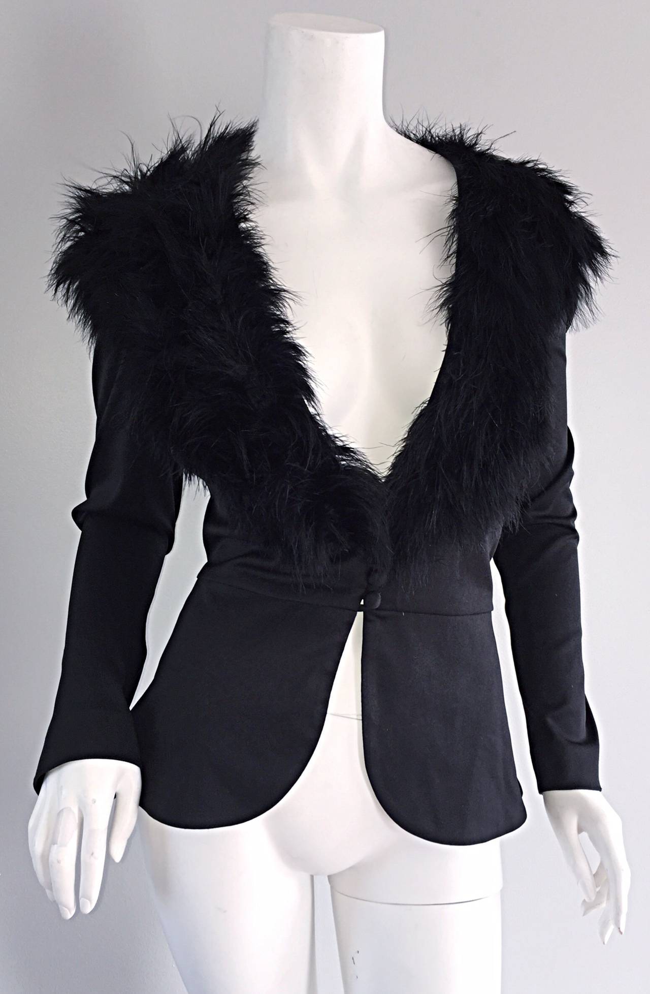 Sensational Vintage Lilli Diamond Black Feather Jacket Cardigan In Excellent Condition In San Diego, CA