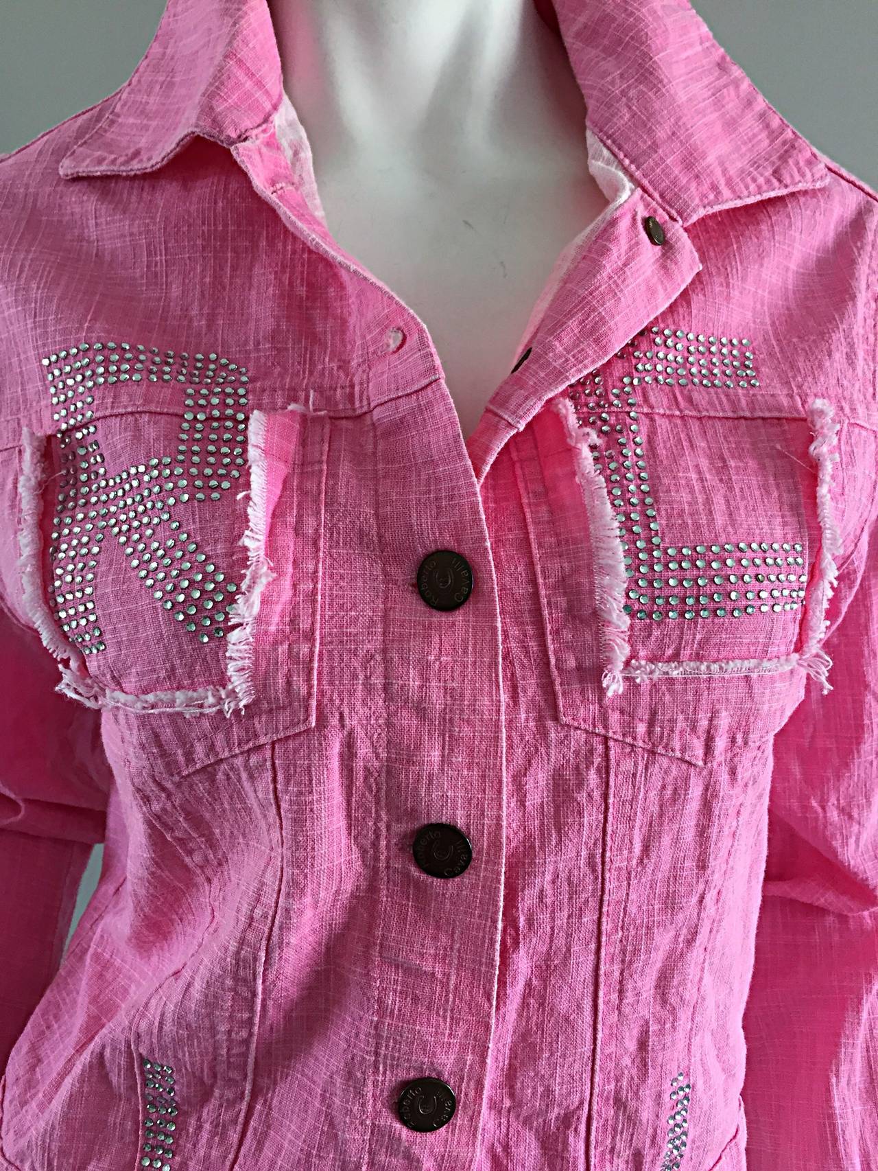 1990s Vintage Roberto Cavalli Pink Denim Jean Jacket + ' R C