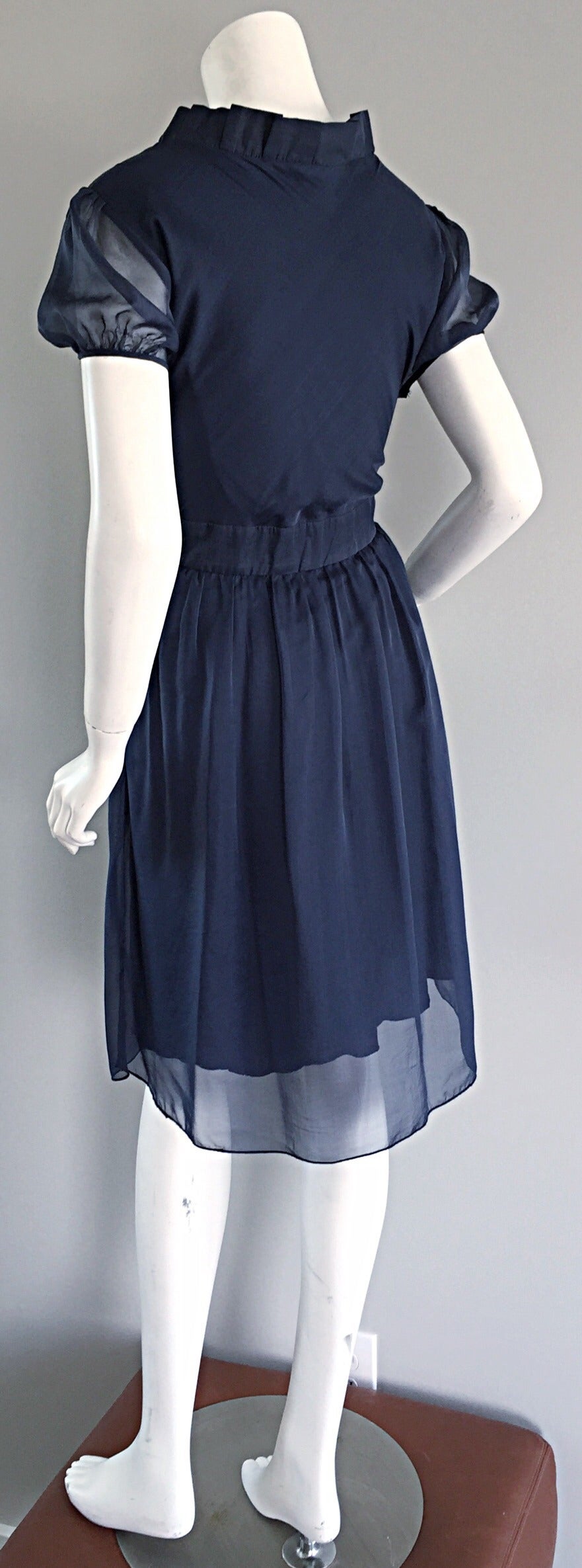 1990s Chloe by Karl Lagerfeld Vintage 90s Navy Blue Silk Chiffon Babydoll Dress In Excellent Condition In San Diego, CA