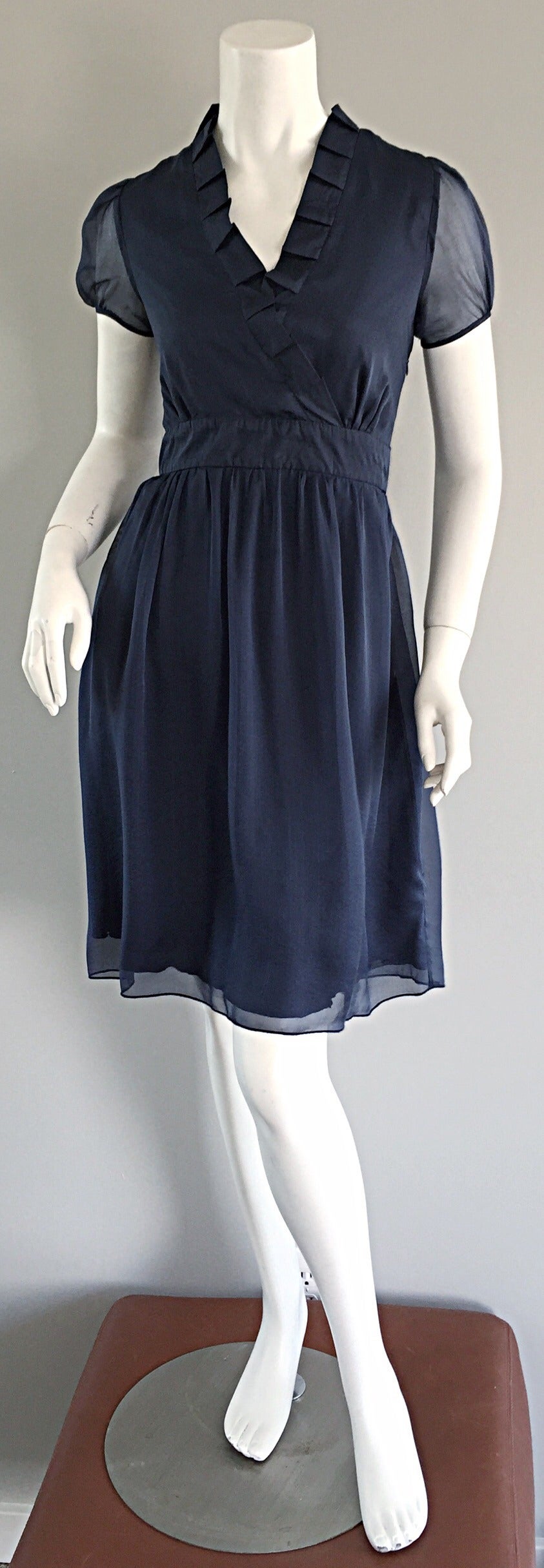 Women's 1990s Chloe by Karl Lagerfeld Vintage 90s Navy Blue Silk Chiffon Babydoll Dress