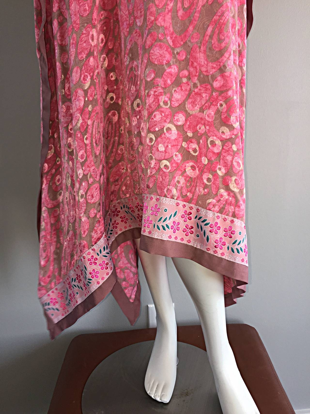 Beautiful Vintage 1970s Pink Silk Ethnic Kaftan w/ Flowers and Swirls 1