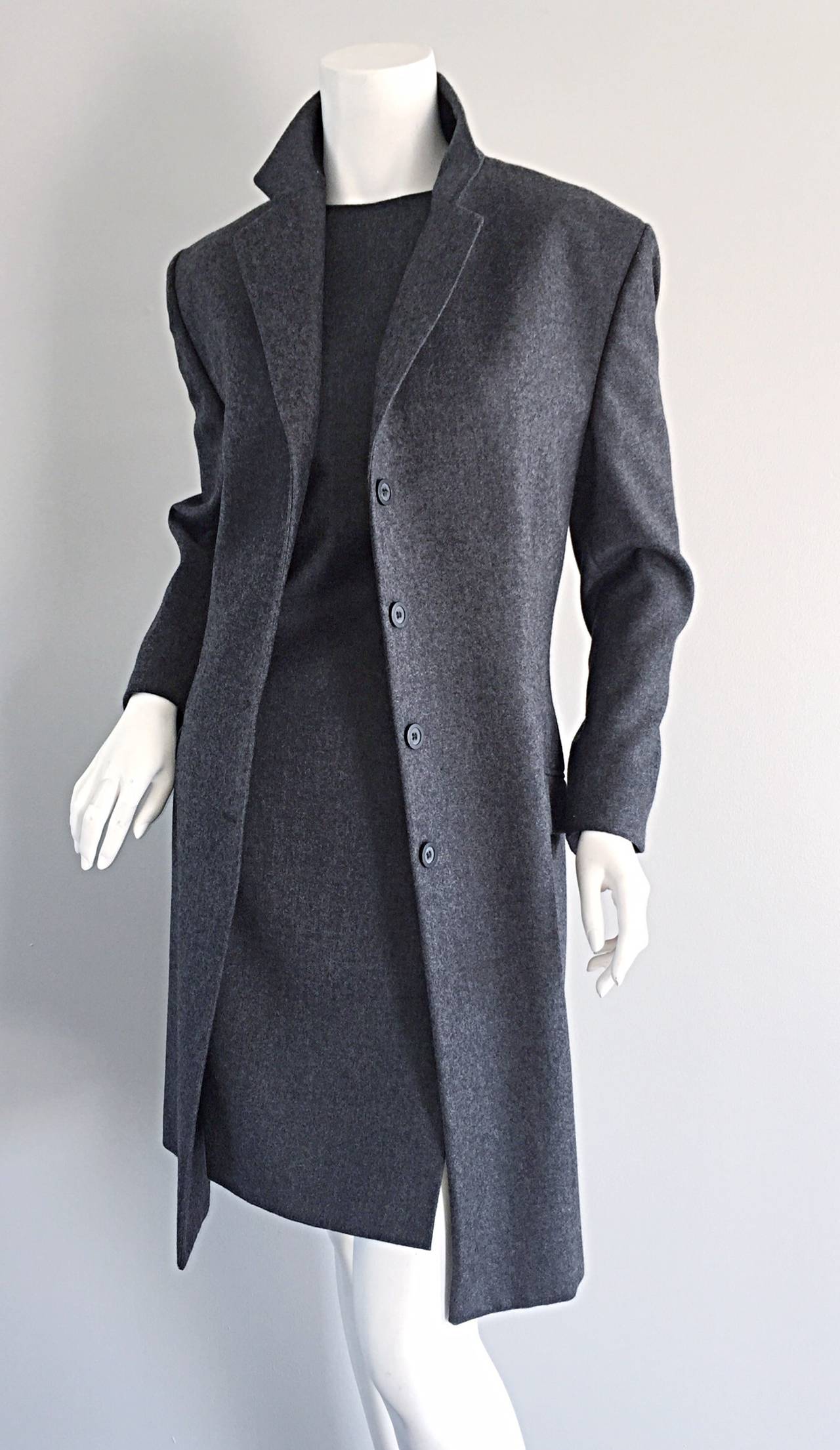 1990s Max Mara ' Woolmark ' Classic Charcoal Grey Dress + Jacket Ensemble 2