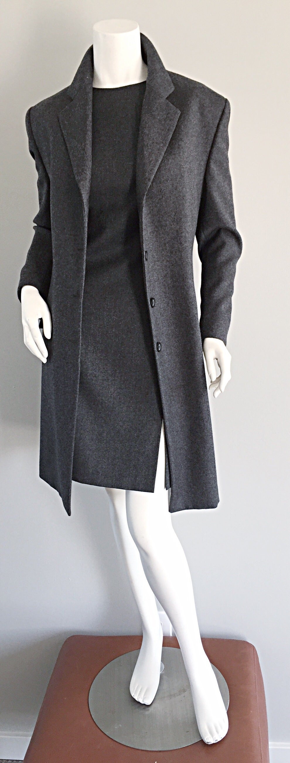 Women's 1990s Max Mara ' Woolmark ' Classic Charcoal Grey Dress + Jacket Ensemble