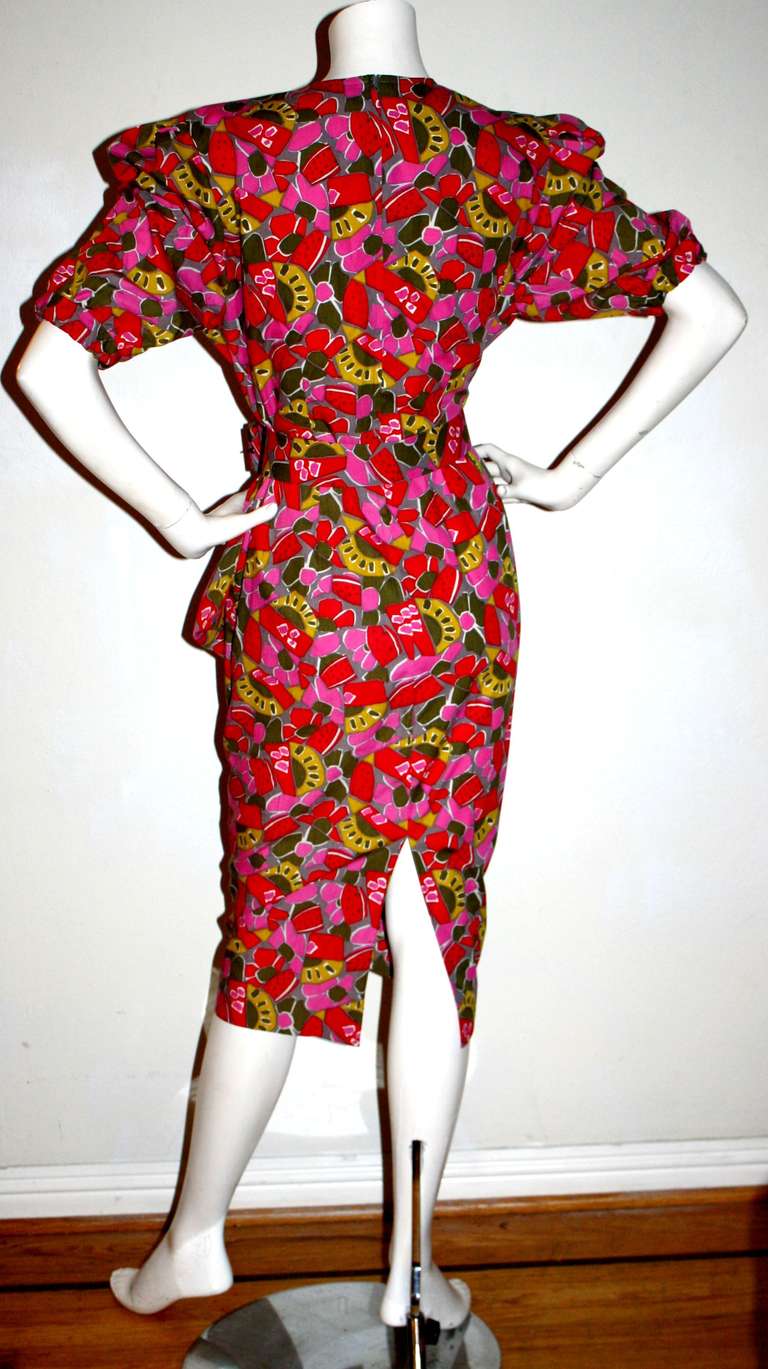 Red Vintage Guy Laroche Belted Pineapple Origami Avant Garde Cotton Pink Dress For Sale