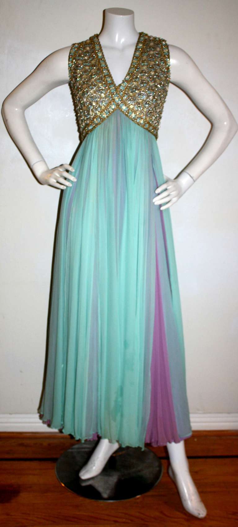Stunning Vintage Greek Grecian Goddess Heavily Jeweled Chiffon Gown