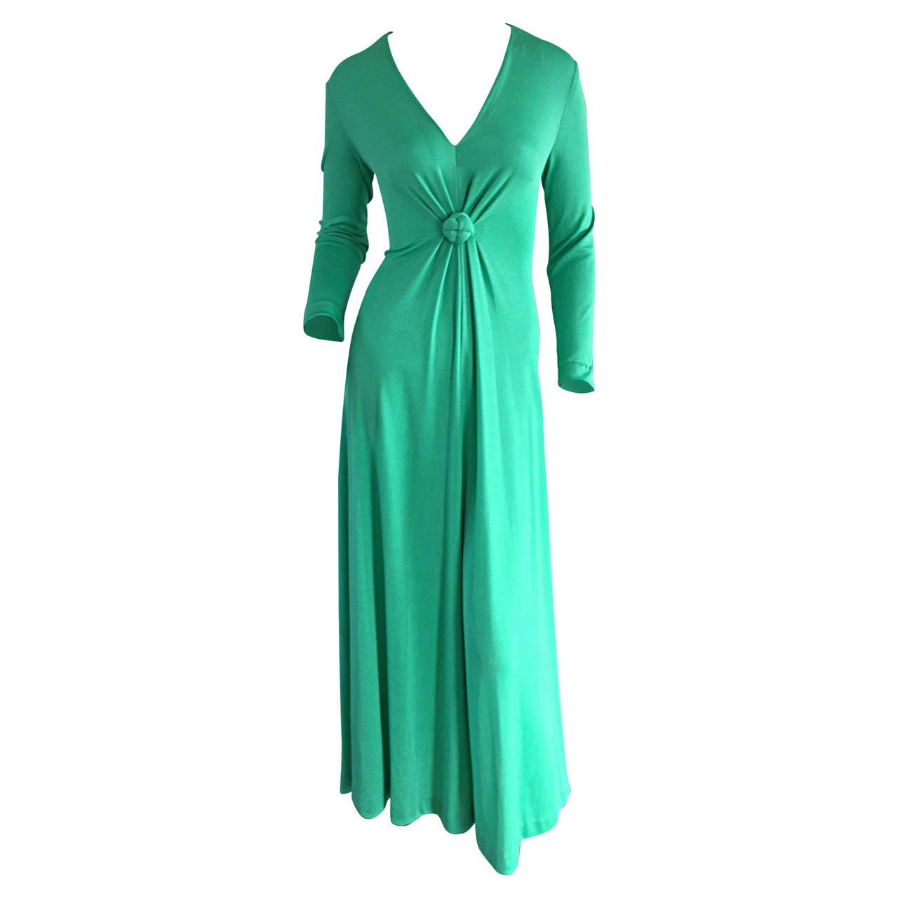Rare Early 1970s Vintage Frederick's of Hollywood Kelly Green Jersey Maxi Dress