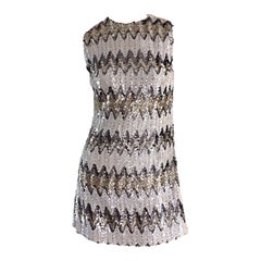 1960s All - Over Sequin Gold + Silver + White Zig Zag Vintage A - Line 60s Dress