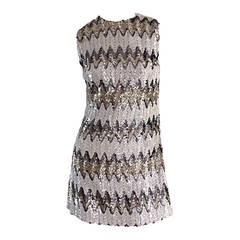 1960s All - Over Sequin Gold + Silver + White Zig Zag Vintage A - Line 60s Dress 10