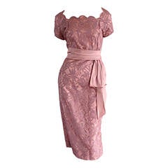 Beautiful Vintage 1950s 50s Pink Lace Wiggle Dress w/ Scalloped Edges