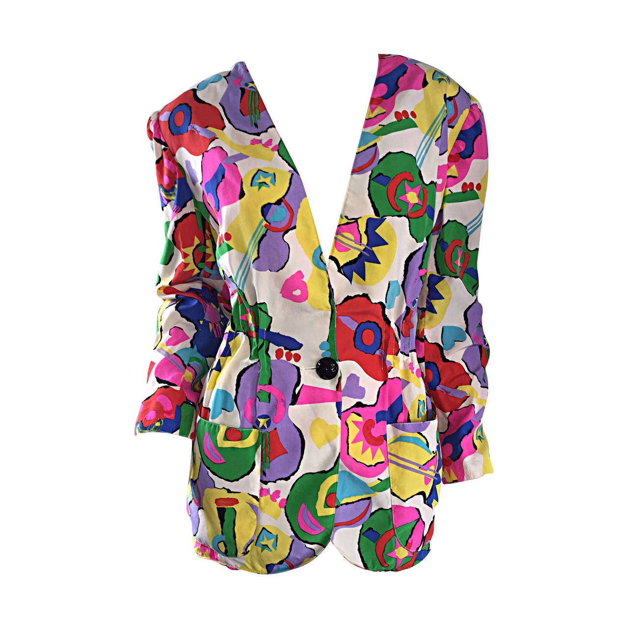 Amazing Vintage Emanuel Ungaro ' Guitars + Hearts ' Colorful Silk Blazer Jacket For Sale