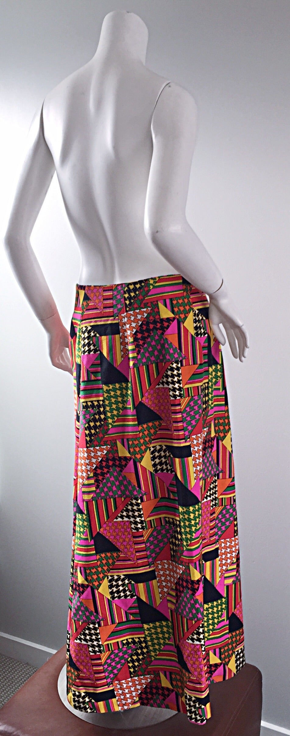 1970s Colorful Geometric Patchwork Houndstooth Vintage Cotton Maxi Skirt In Excellent Condition For Sale In San Diego, CA