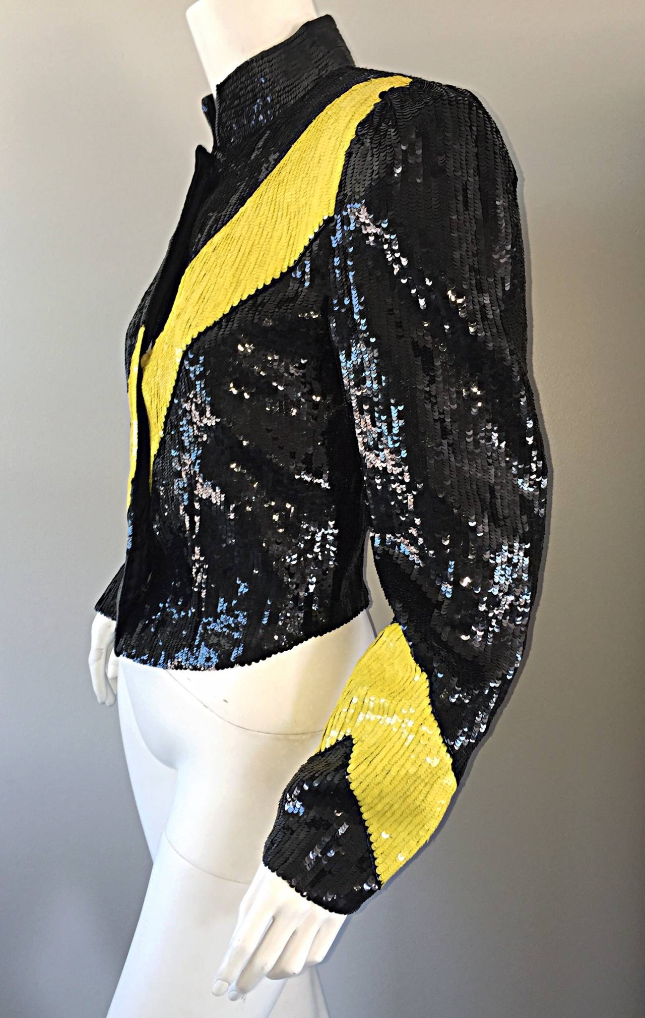 Women's Vintage Carolina Herrera All Over Sequin Black + Yellow ' Caution Tape ' Jacket