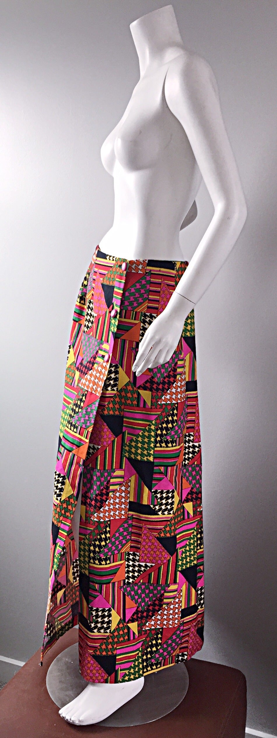 Women's 1970s Colorful Geometric Patchwork Houndstooth Vintage Cotton Maxi Skirt For Sale