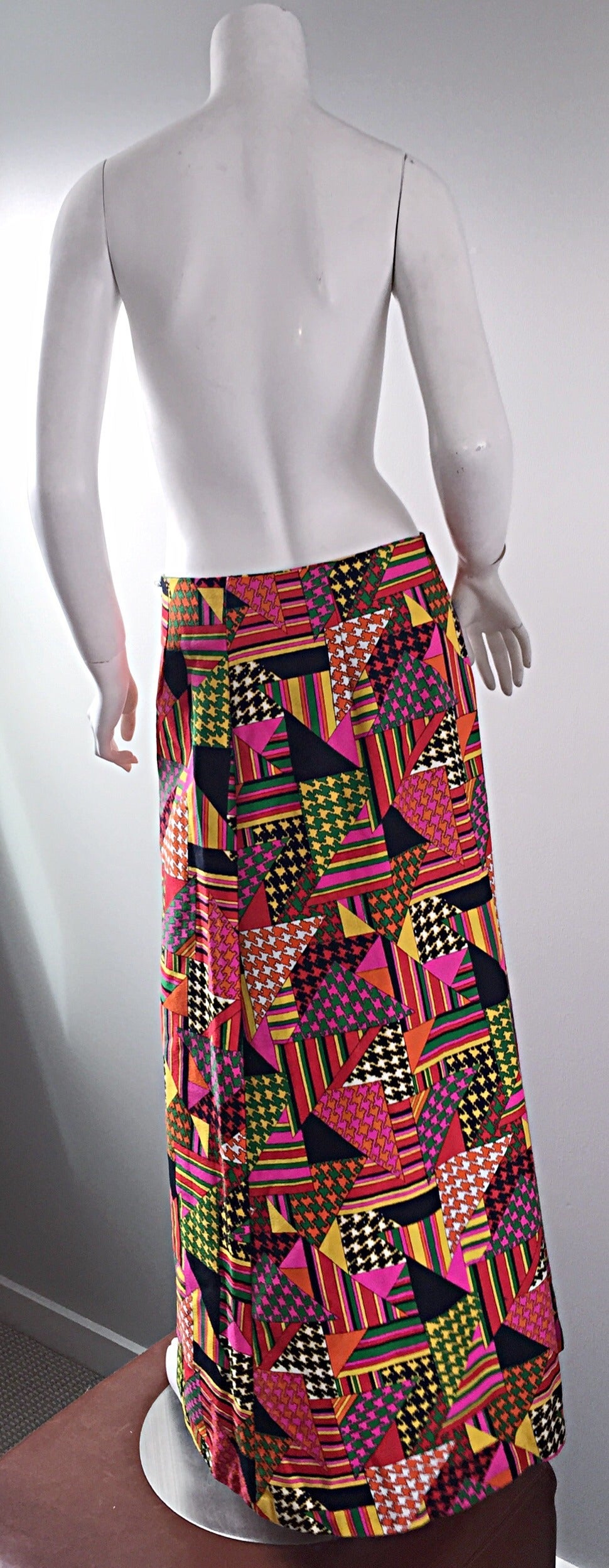 1970s Colorful Geometric Patchwork Houndstooth Vintage Cotton Maxi Skirt For Sale 1